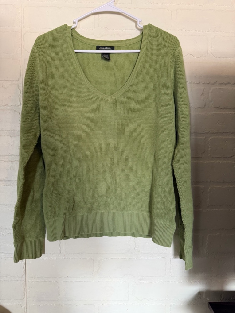 Eddie Bauer Lightweight V-Neck Waffleknit Sweater in Sage Green